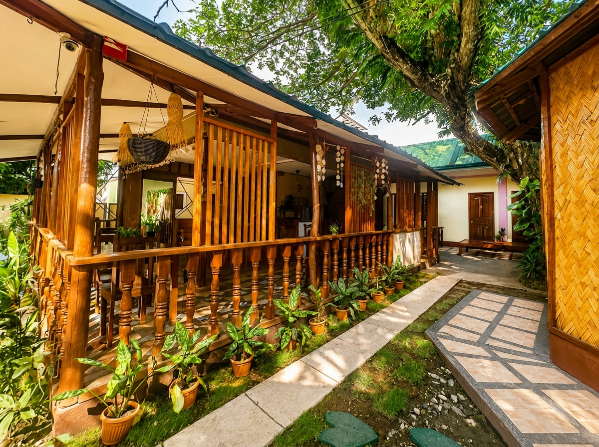 Reception-side view of the courtyard with wooden railings and plants