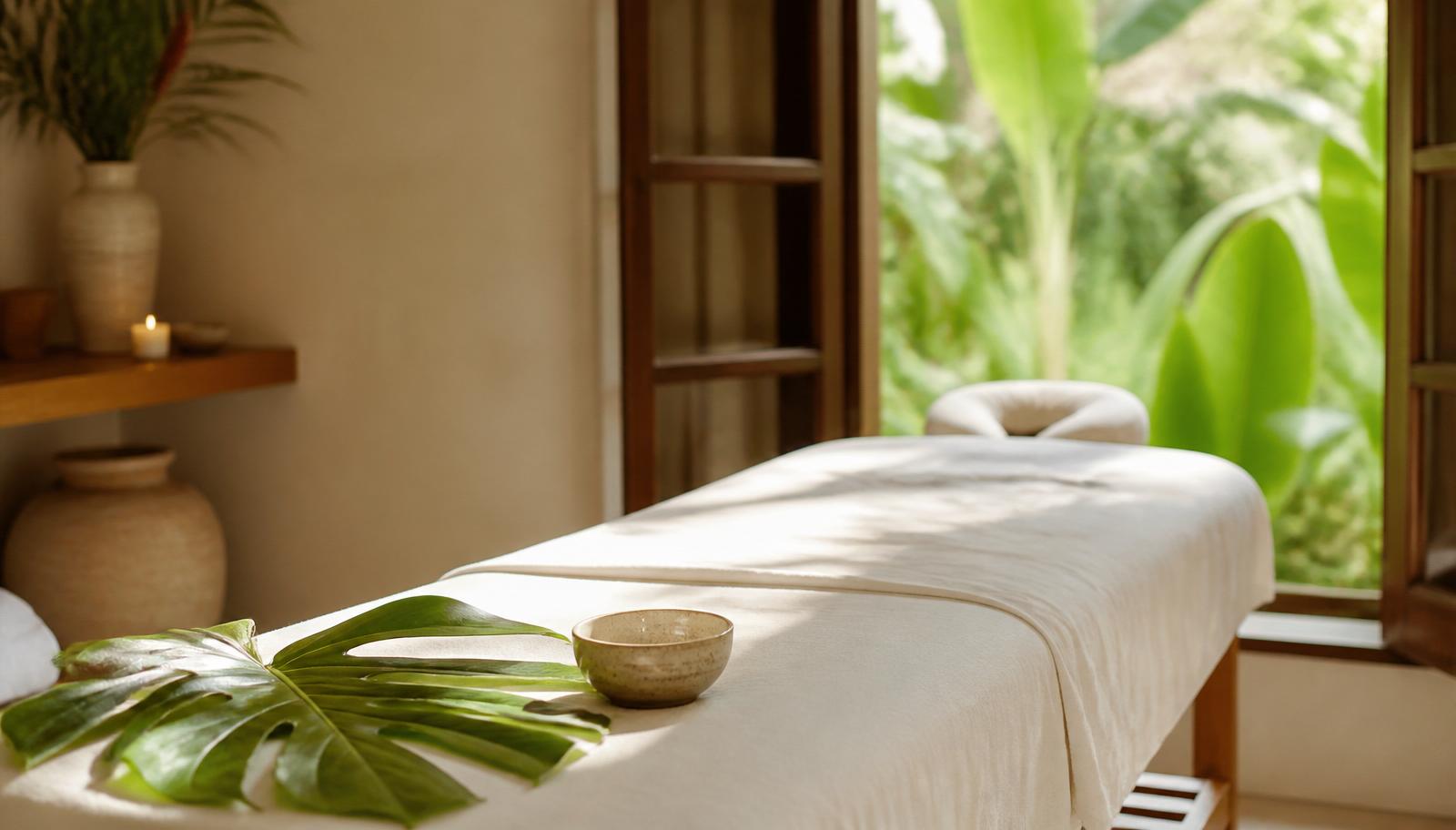 A calm treatment space with natural light, linen, and tropical greenery