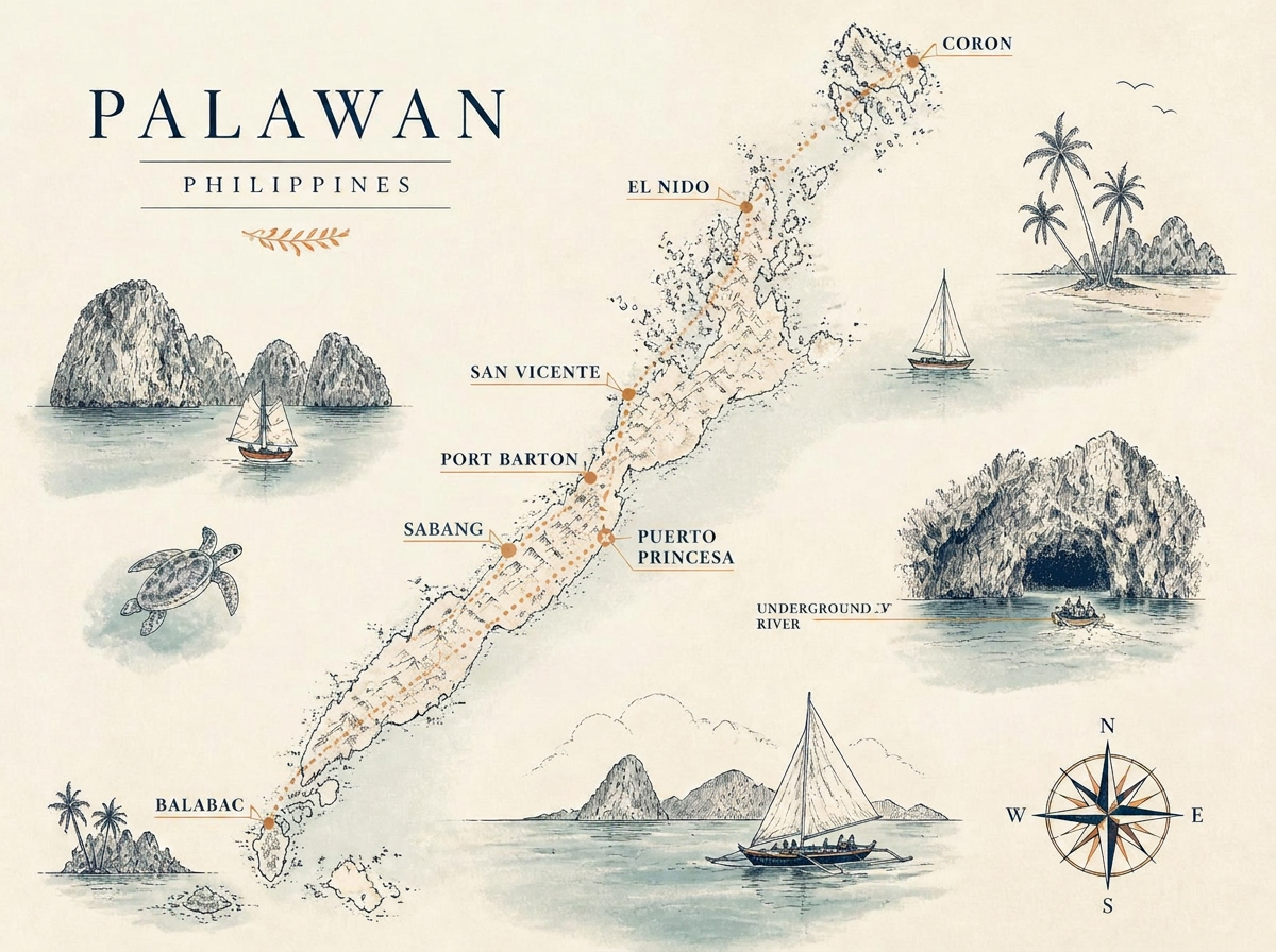 Illustrated map of Palawan showing Puerto Princesa, Sabang, Underground River, Port Barton, San Vicente, El Nido, Coron and Balabac